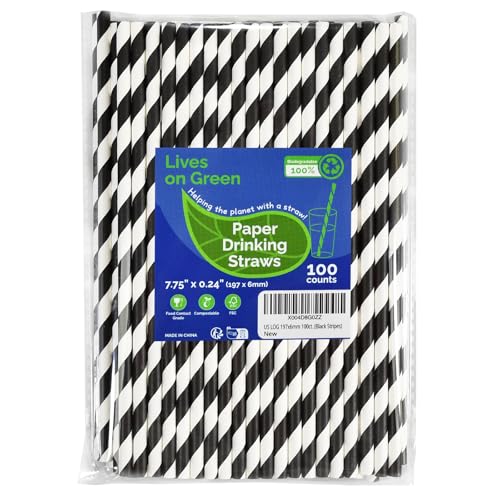 7.75 Inch Black Striped Paper Drinking Straws - Eco-Friendly 100 Pack