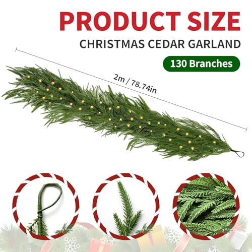 6.6 FT Artificial Norfolk Pine Garland with Built-in LED Lights for Indoor Outdoor Christmas Decor