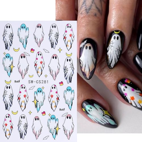 Halloween Ghost Nail Stickers Set - White 1 - 4 Sheets Self-Adhesive 3D Decals for Nails