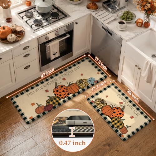 KIMODE Fall Decor Kitchen Rugs Set - Plaid & Pumpkin, Non-Slip, 2-Piece