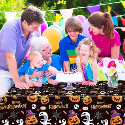 Halloween Disposable Plastic Tablecloths with Banner - 2 Pack, 54x108 Inch, Black & Orange