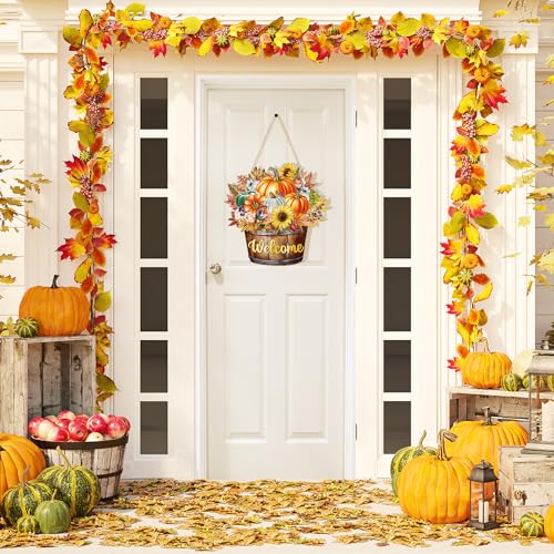 Fall Barrel Welcome Wreath for Front Door - Large Wooden Pumpkin & Maple Leaf Thanksgiving Sign - Farmhouse Autumn Decor