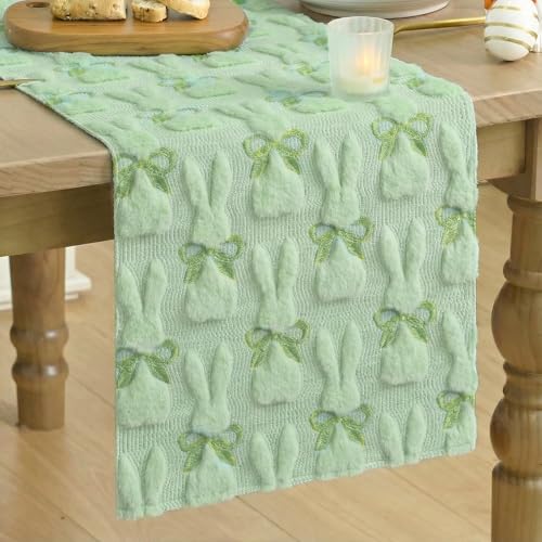 Sage Green Faux Fur Bunny Bow Table Runner 13x72 Inch Easter Spring Decor