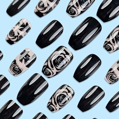 Coffin Press On Nails Short Fake Nails with Rose Leaves Design - Black Glossy 24Pcs