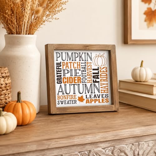 Fall Sign Autumn Wall Decor - Pumpkin, Maple Leaves, Apples, Bonfire, White - 6x6 in