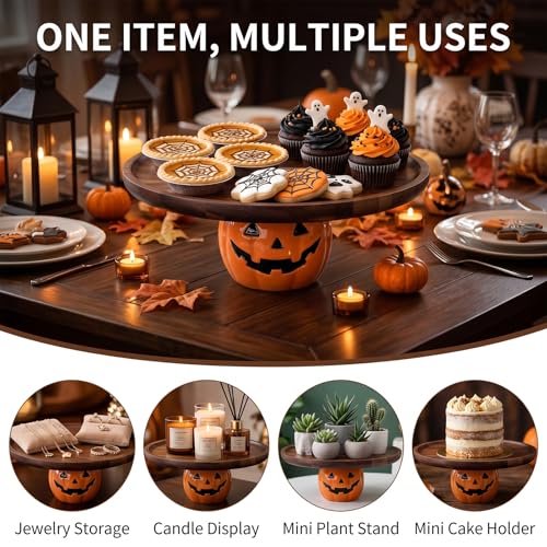 Halloween Pumpkin Cake Stand with Acacia Wood Tray and Ceramic Jack-o'-Lantern Base - Brown, 10.2 Inch