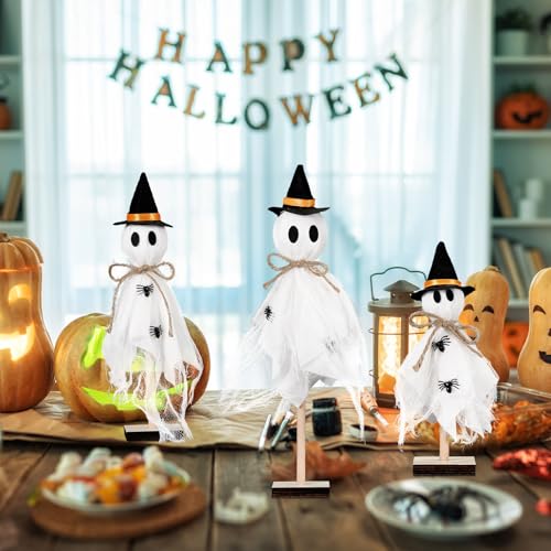Halloween Ghost Centerpieces with Wooden Stand - Spooky Party Decor Set