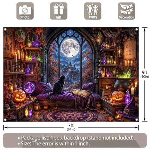 Halloween Window Backdrop 7x5ft Witch Room Banner for Party Decor