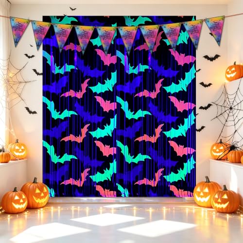 Halloween Pattern Foil Fringe Curtains - 2 Pack 3.3x6.6FT Photo Booth Backdrop & Party Decor