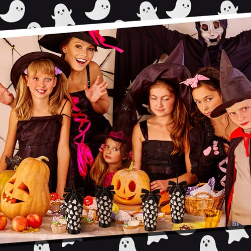 Halloween Ghost Cups Set with Straws & Lids - Black 24 oz, 12 Pack