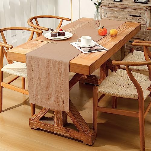 French Linen Table Runner 14x108 Inches - Macchiato, Machine Washable, Elegant Fall & Wedding Decor