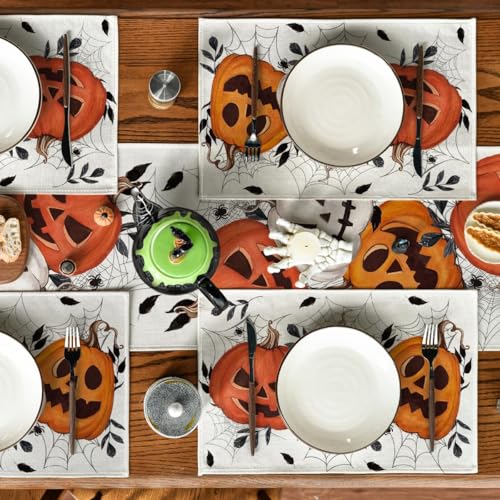 Halloween Pumpkin & Spider Web Placemats Set of 4 - 12x18 Inch Fall Table Decor - Beige