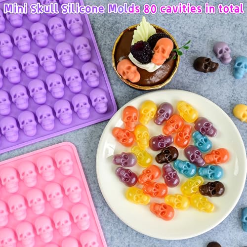 Mini Skull Silicone Mold for Candy & Chocolate - 2 Pack Halloween Gummy Ice Cubes - Pink & Purple