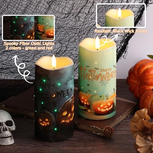 Halloween Pumpkin Fiber Optic Flameless Candles with Remote Control - Set of 2