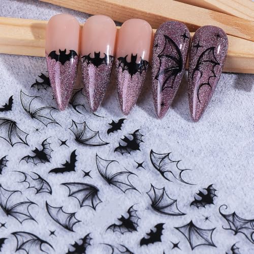 Halloween Bat & Cat Nail Art Stickers Set - Self-Adhesive 3D Horror Goth Decals for Nails - Dark Black & Red Glitter - Variation: Halloween Bat Cat