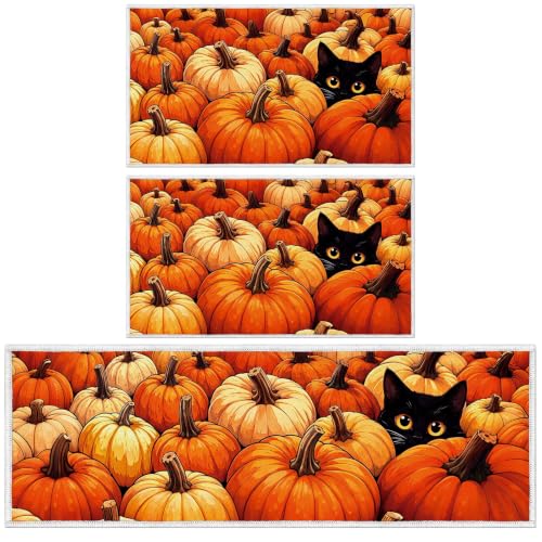 Fall Kitchen Rug Set of 3 - Halloween Pumpkin & Cat Mats with Velvet & Silicone Base