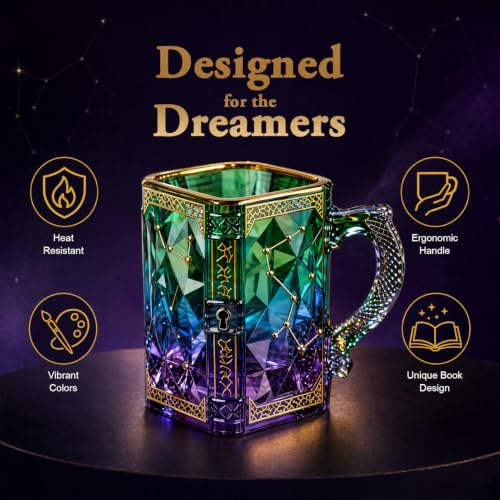 Celestial Zodiac Glass Mug - Scorpio Edition with Dragon Scale Handle - Green & Purple 8 oz Coffee Tea Cup