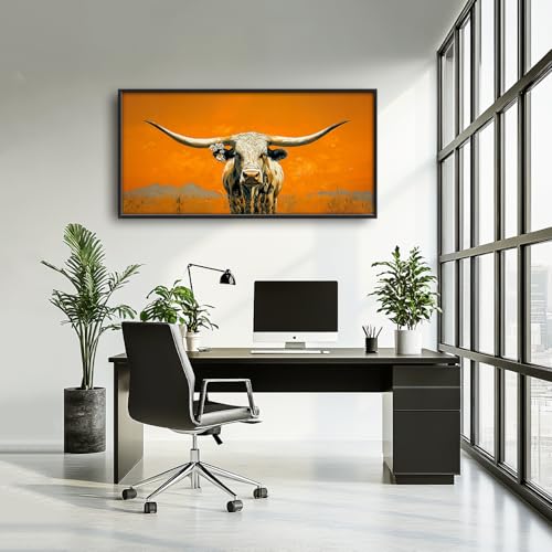 Western Longhorn Steer Wall Art - Framed Canvas Painting for Living Room & Bedroom - 60L x 30W