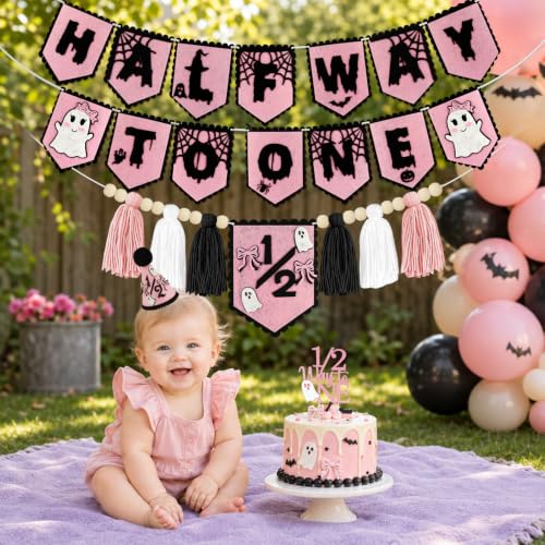 Pink Halloween Half Birthday Decorations Kit for 6-Month Girl - Half Way to One