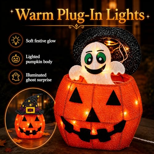 Outdoor Lighted Pop-Up Ghost Gift Box - Halloween Decor with Moving Ghost (Orange)