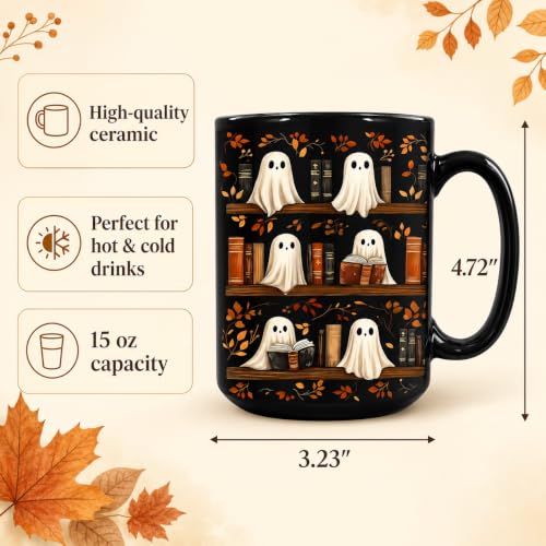 Ghost Reading Book Mug with Keychain - 15oz Black Ceramic Coffee Cup Gift for Book Lovers - Bookish Halloween Gift - Book Ghost Variation