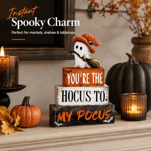 Halloween Wooden Table Sign Decor Set - Ghost Witch Bats Spiders Farmhouse Style