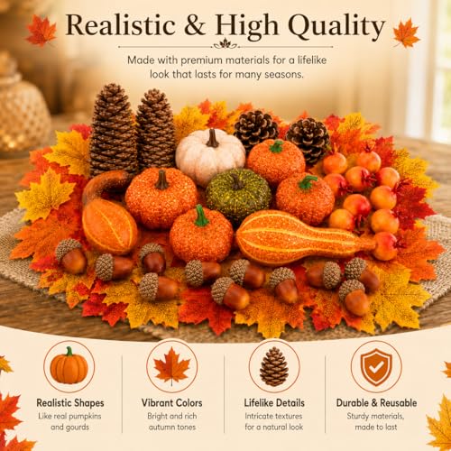 Fall Decor Set with Artificial Pumpkins Gourds and Leaves - Orange & Brown, 96 Pieces