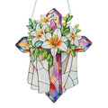 Stained Glass Cross Suncatcher with Floral Design - Religious Wall Decor Gift