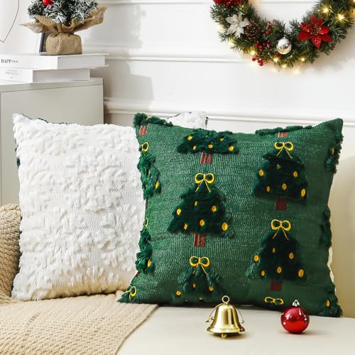 Green+ White 20x20 Inch Christmas Pillow Covers Set - Double-Sided 3D Embroidered Holiday Decor