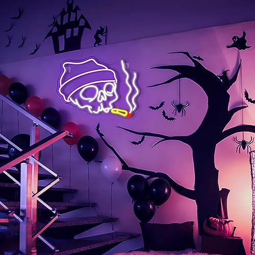 LED Skull Neon Sign B-Skull Halloween Wall Decor with Adjustable Brightness