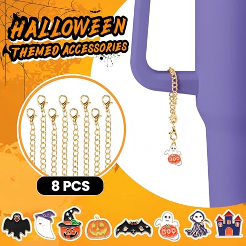 Halloween Tumbler Charms Set - 8 Metal Drink Cup Decorations with Chains