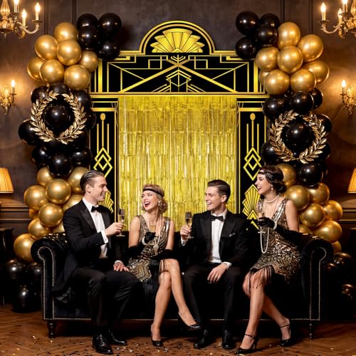 1920s Speakeasy Party Decorations Gold Foil Curtain Backdrop & Balloons