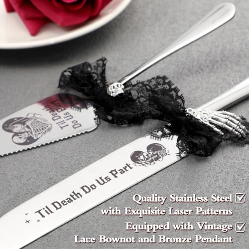 Gothic Wedding Cake Server Set with Skull Engraving & Champagne Glasses