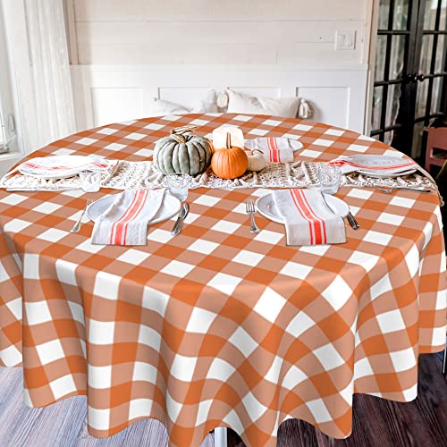 Fall Orange White Buffalo Plaid Tablecloth 60 Inch Round Polyester - Autumn Home Decor