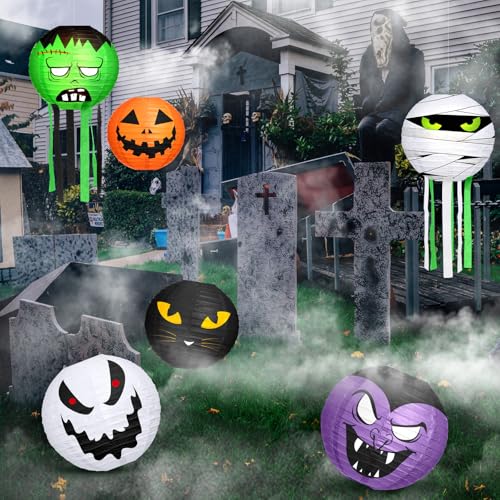Halloween Hanging Paper Lanterns Set - 6 Color Jack-o-Bat Decorations with Tassels