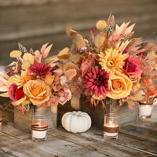 Fall Flowers Artificial Bouquet Set - 2PCS Autumn Silk Floral Arrangements for Home & Wedding Decor