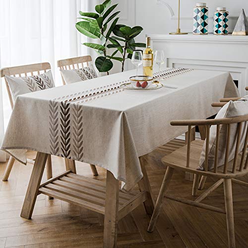 Linen Leaf Embroidery Heavy Duty Cotton Linen Tablecloth - Rectangular 86" x 52"