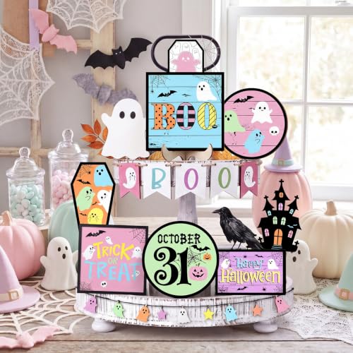 Pastel Halloween Wooden Tiered Tray Decor Set - 15 Pcs, Rustic Farmhouse Style