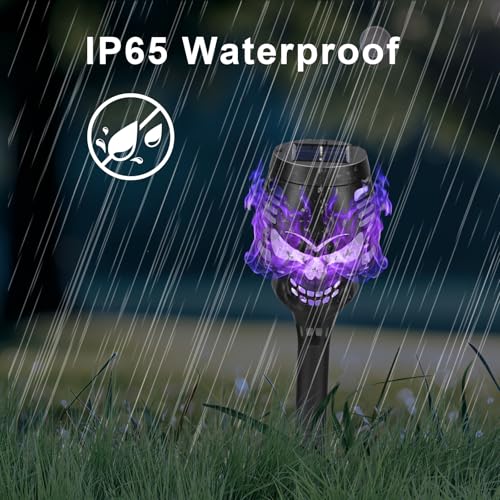 Purple Skull Solar Torch Lights 8 Pack Outdoor Halloween Decor - Flickering Flame