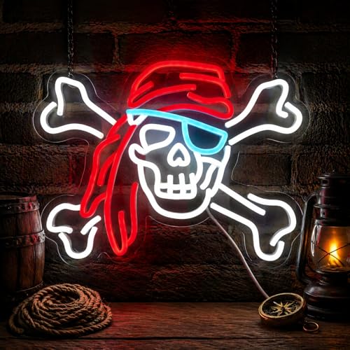 Pirate Neon Lights Skull Neon Sign - Red Bandana & Blue Eyepatch - USB Powered LED Decor - Variation: BCB-Red