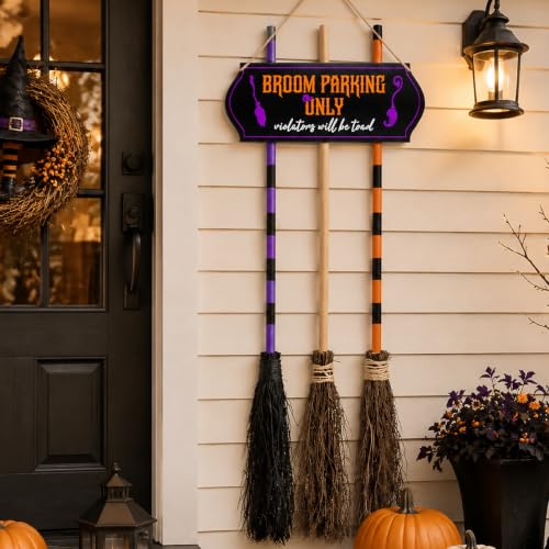 Halloween Broom Parking Sign with 3 Wooden Witch Brooms - Spooky Outdoor Decor