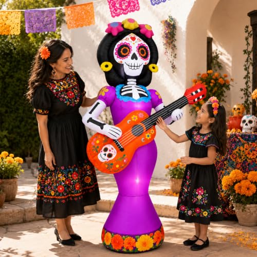 Halloween Inflatable Sugar Skull with Guitar - 6 FT Day of the Dead Decor with LED Lights, Yard & Lawn Decorations - Variation: Guitar Sugar Skull