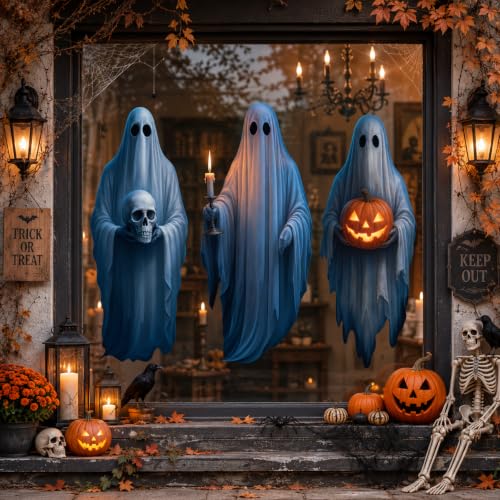 34-Inch Halloween Spooky Ghost Window Cling Decal - Extra Large, Reusable, Double-Sided Decoration - Variation: Spooky Ghosts
