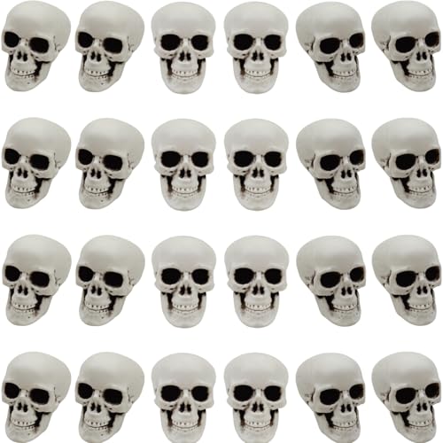 24 Mini Plastic Skull Heads for Halloween Decorations - 2.4 Inch Set of Spooky Skeletons
