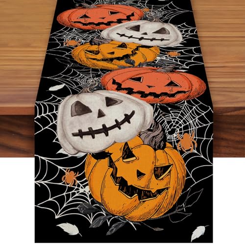Halloween Linen Table Runner 72x13 Inches Spooky Pumpkin & Web Design