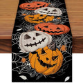 Halloween Linen Table Runner 72x13 Inches Spooky Pumpkin & Web Design
