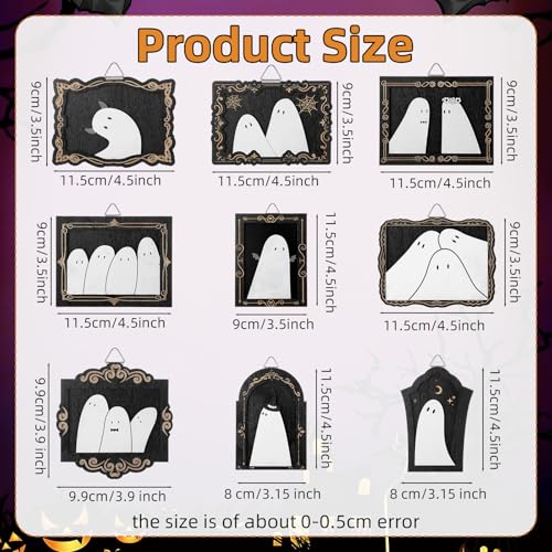 Halloween Ghost Hanging Frame Set - Black & White Wooden Decor, 9 Pieces