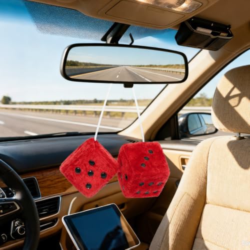Red Fuzzy Dice Plush Car Hanging Ornament - Stylish Interior Decor