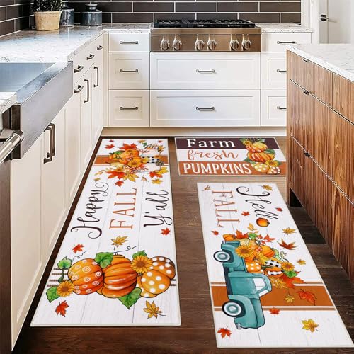 Fall Kitchen Rug Set of 3 with Pumpkin & Striped Variations – Washable Non-Slip Rugs for Kitchen & Entryway