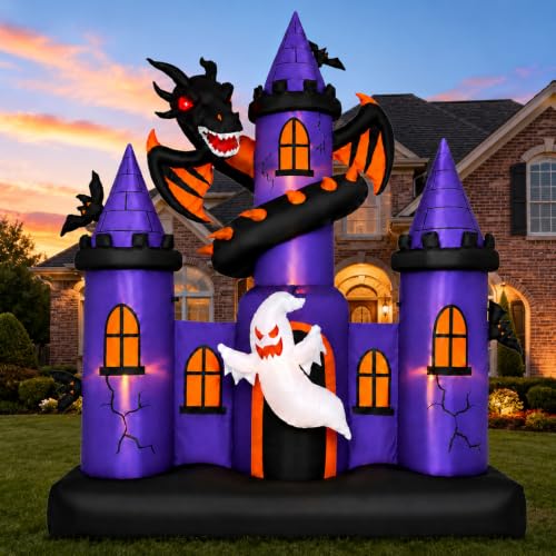 Giant 9 FT Halloween Inflatable Haunted Castle with Dragon & Ghost Lights